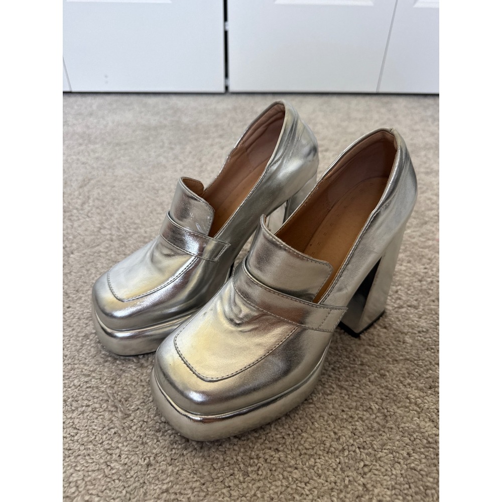 Metallic‎ Silver Platform Loafers Square Toe Chunky Block Heel Pumps Size 39